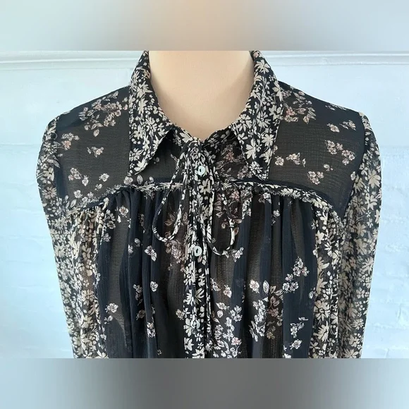 FreePeople Serena Black Floral Blouse Sheer Button Up Ditzy Cottage Witch Size M - Picture 12 of 16